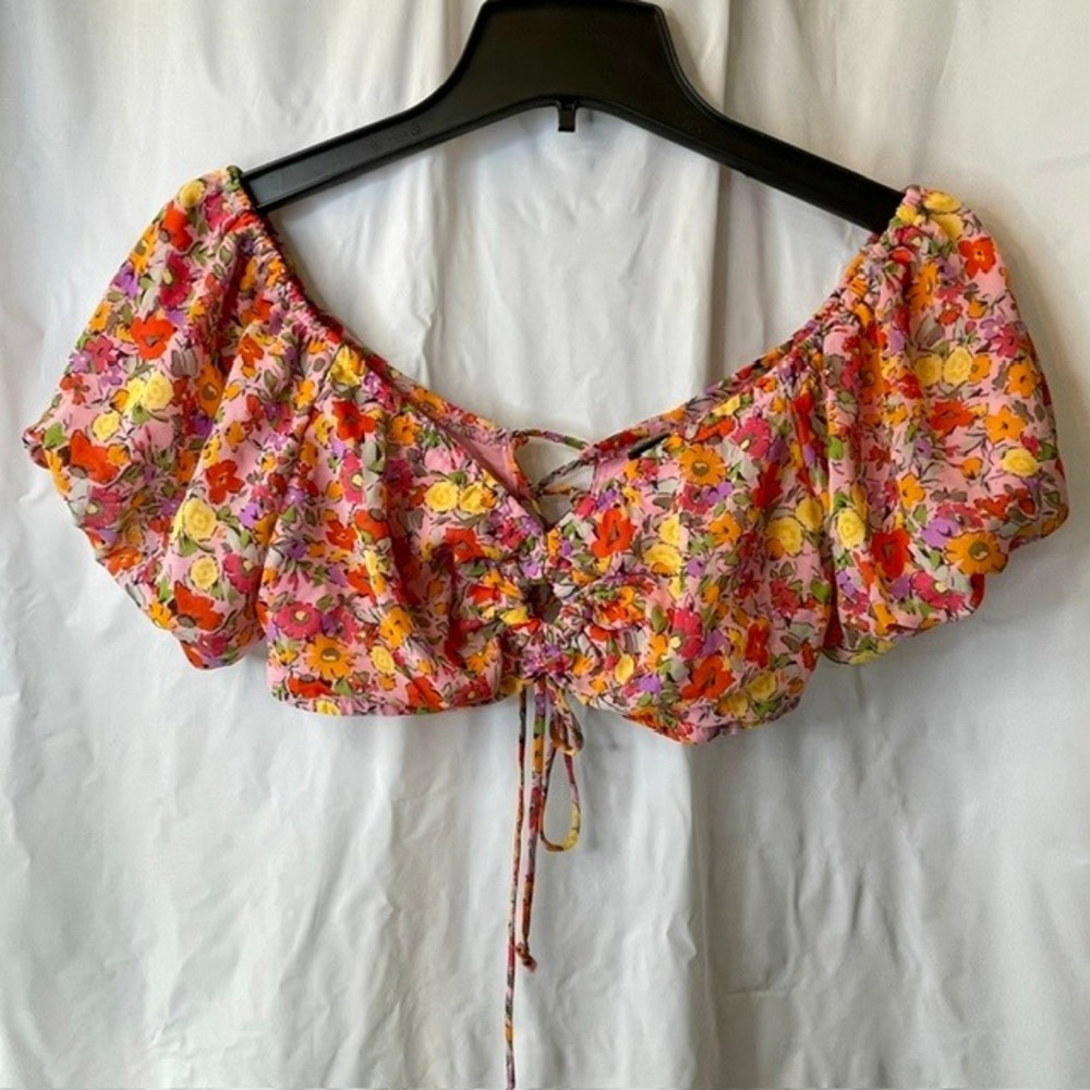 Wild Fable Floral Sweetheart Lace Up Puff Sleeve Off Shoulder Tiny Crop Top Med